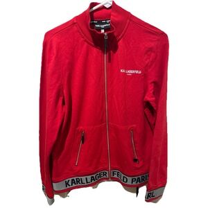 NWT Originally $99 KARL LAGERFELD FULL ZIP JACKET RED W Black & silver Logo Sz M